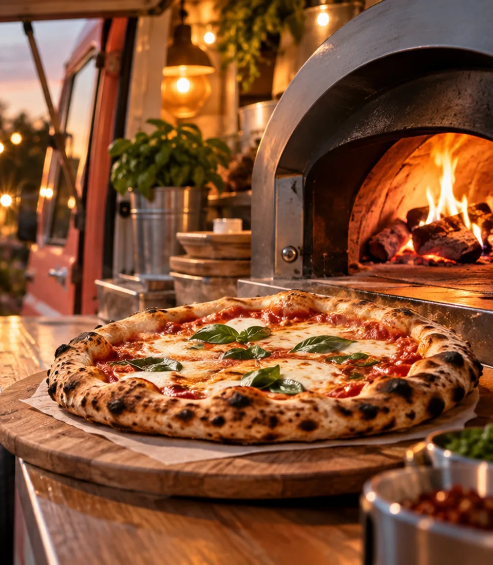 Illustrative wood-fired pizza beside an oven at a gathering